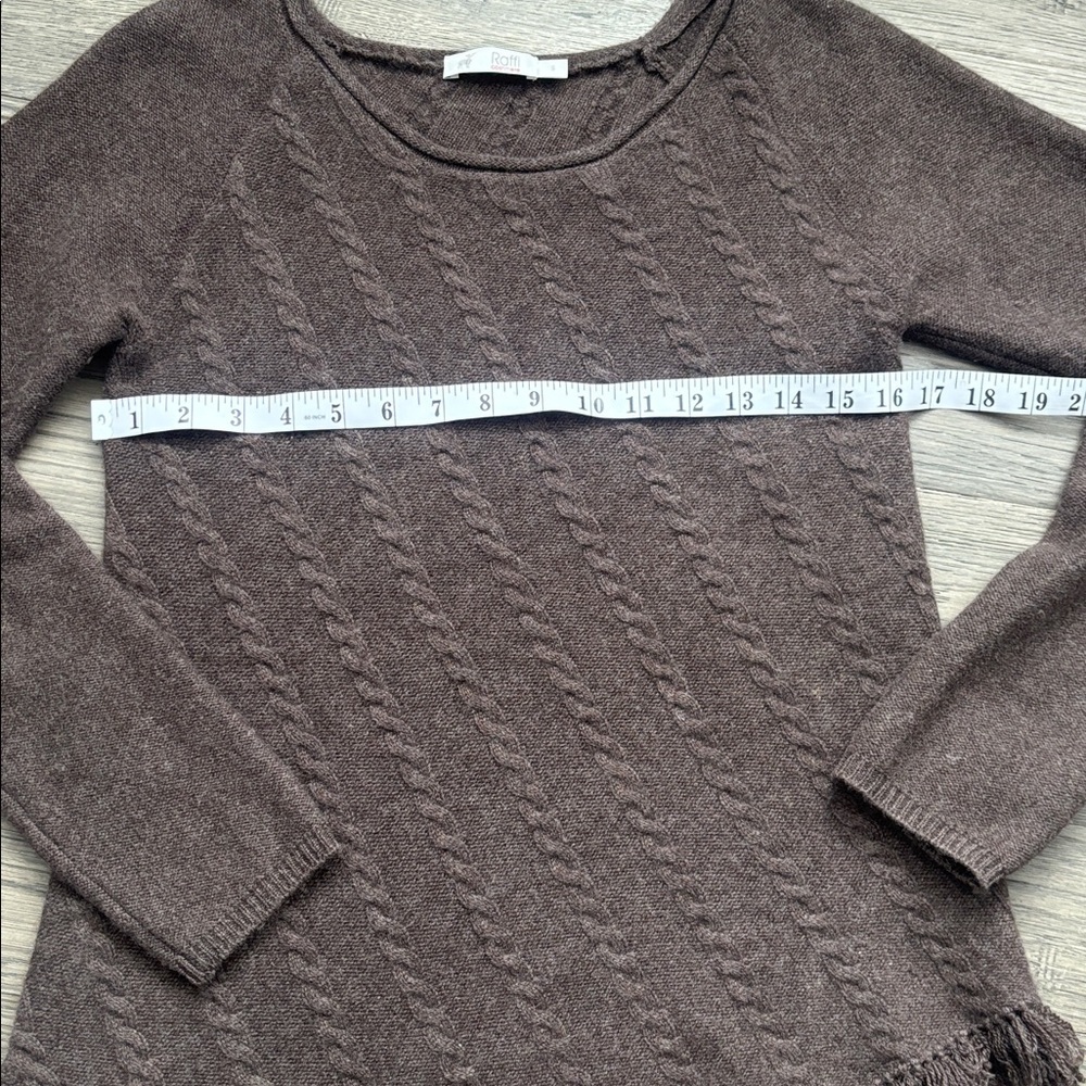Raffi |100% Cashmere Chocolate Brown Cable Knit Scoop Neck Sweater Fringe Hem SM - Picture 8 of 14